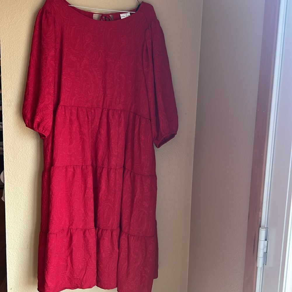 NWT Ava & Viv Dress puff sleeves tiered 2X Red
